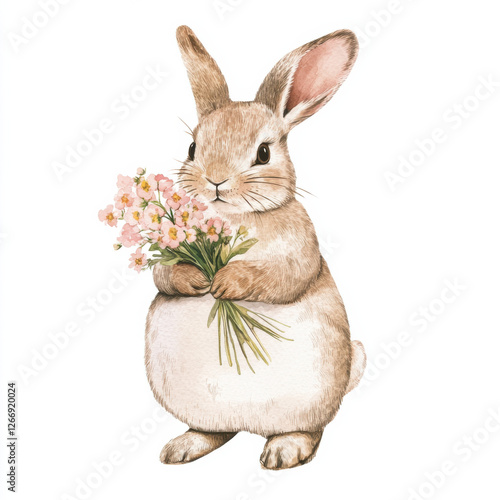 A cute bunny holding flowers, vintage watercolor tones, light tones, white background,