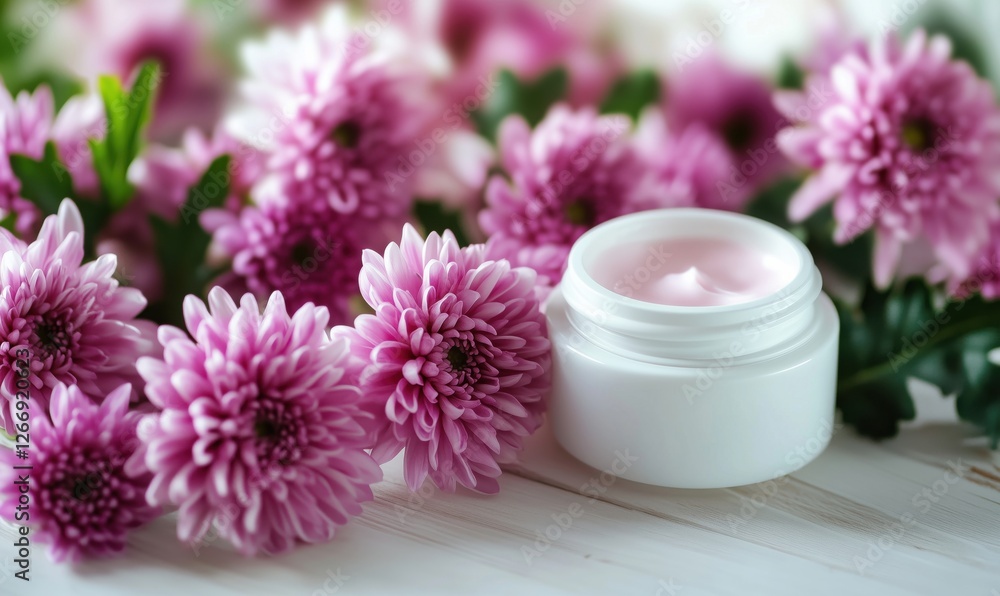 Moisturizing cream surrounded by beautiful pink chrysanthemums for skincare and beauty Moisturizing cream surrounded by beautiful pink chrysanthemums for skincare and beauty
