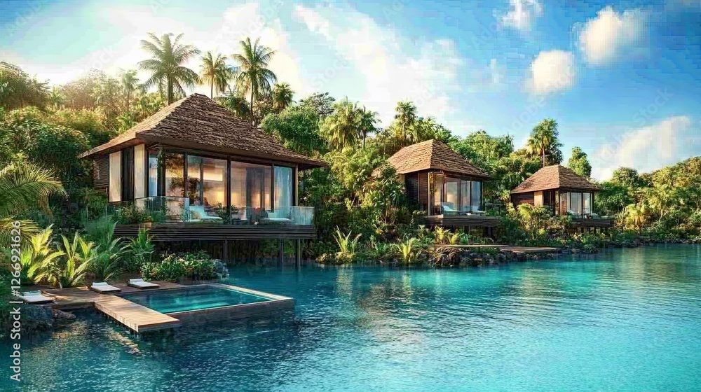 A pristine tropical island resort with clean villas surrounded by turquoise water. digital A pristine tropical island resort with clean villas surrounded by turquoise water. digital