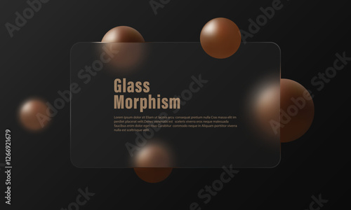 Glass morphism website landing page template. Graphite background with glass partition and mocha colored floating spheres.