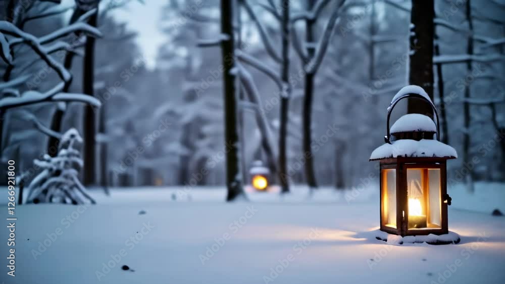 Glowing lanterns illuminate a winter wonderland in peaceful woodland at twilight Glowing lanterns illuminate a winter wonderland in peaceful woodland at twilight