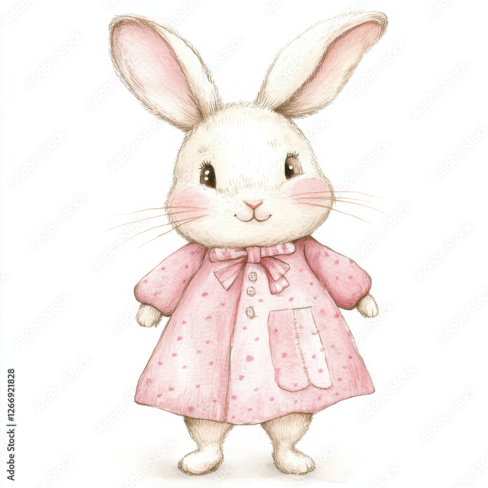 Obraz premium cute, female, white bunny, wearing pink clothes, whimsical children's book illustration style, watercolour style,