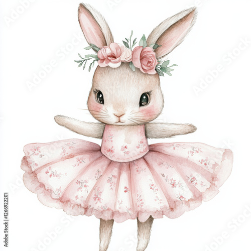 Create a hand drawn style watercolor illustration of a sweet, happy bunny in a girly pink ballerina tutu and a floral headband. The fabric of the tutu should have a a floral pink toile de jouy pattern