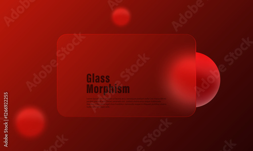 Glass morphism website landing page template. Red gradient background with glass partition in the center and floating red spheres.