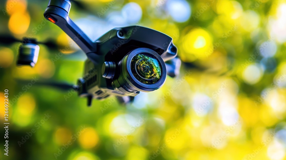 Drone with camera flying in the air above blurred foliage. Drone with camera flying in the air above blurred foliage.
