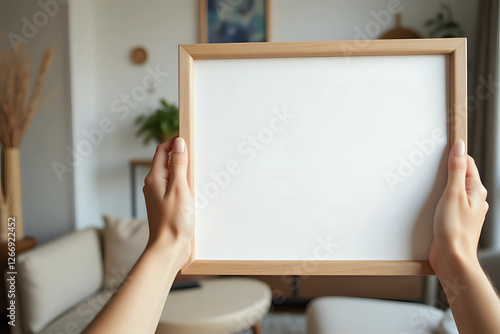Horizontal shot of woman hands with copy space poster in wooden picture frame. Female hanging wall decor in living room. Decorator showing empty placard. Concept of home decoration or apartment.