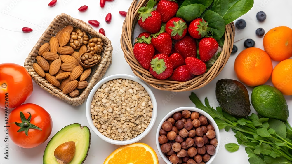 Nutritious Delight Overhead Flat Lay of Colorful Fresh Ingredients for a Balanced Diet Nutritious Delight Overhead Flat Lay of Colorful Fresh Ingredients for a Balanced Diet