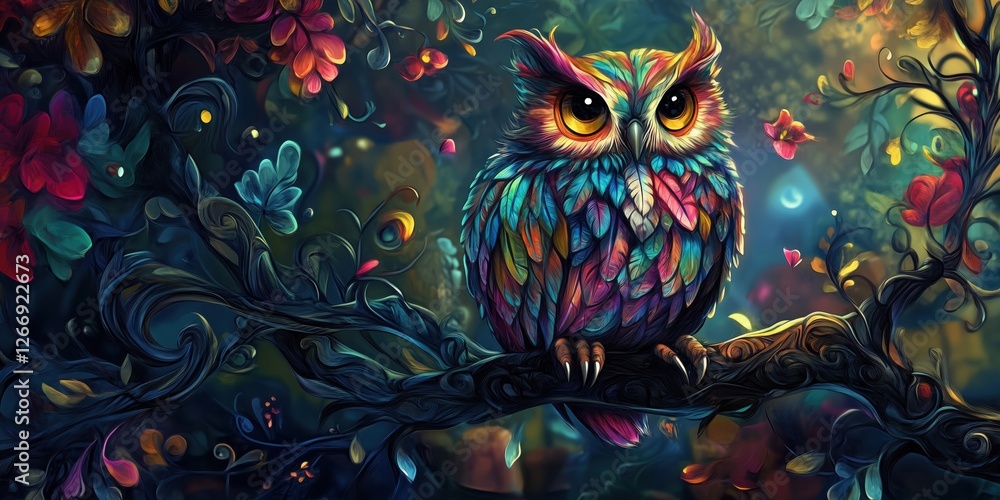 Fototapeta premium Colorful owl perched on branch surrounded by vibrant flowers and foliage