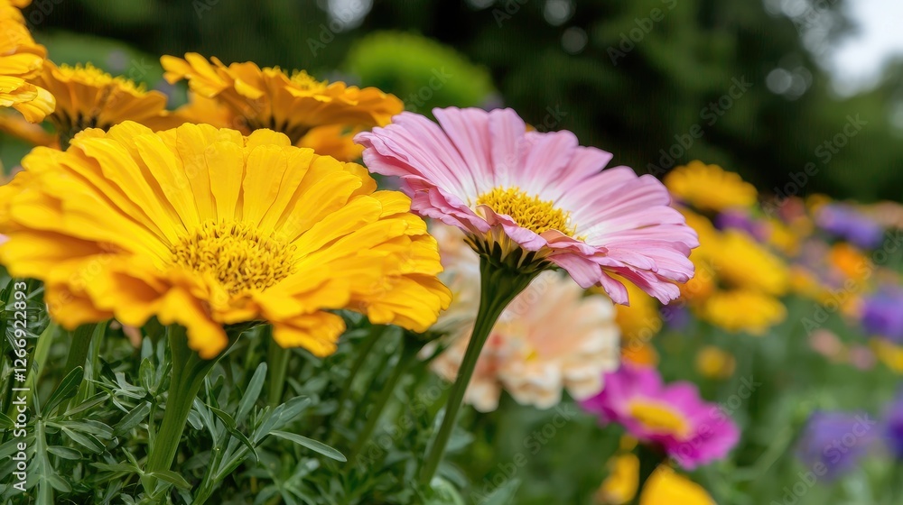 Close-up of vibrant yellow and pink flowers in a garden setting. Possible use Floral backdrop, nature photography, botanical illustration Close-up of vibrant yellow and pink flowers in a garden setting. Possible use Floral backdrop, nature photography, botanical illustration