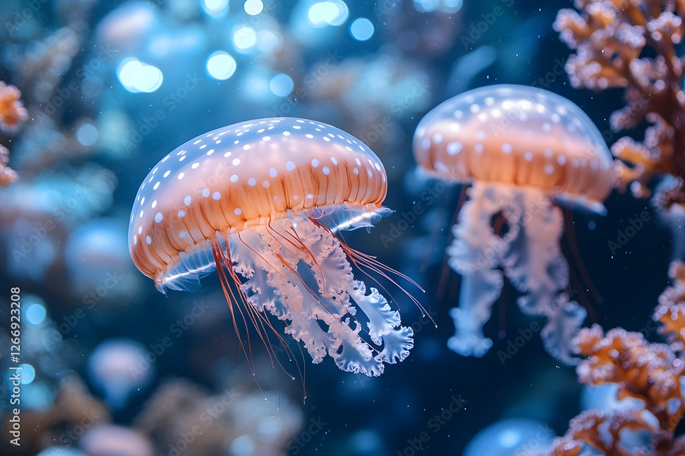 A serene underwater scene with floating jellyfish and soft light streaming through creates a tranquil, surreal atmosphere. Perfect for backgrounds, spa ads, or any media evoking calm and meditation. A serene underwater scene with floating jellyfish and soft light streaming through creates a tranquil, surreal atmosphere. Perfect for backgrounds, spa ads, or any media evoking calm and meditation.