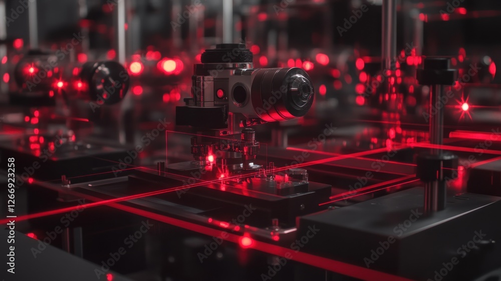 Advanced laser technology machinery with precise red laser lines. Complex, automated, manufacturing, industrial, precision, robotics, cutting, measuring, components, technology, Advanced laser technology machinery with precise red laser lines. Complex, automated, manufacturing, industrial, precision, robotics, cutting, measuring, components, technology,