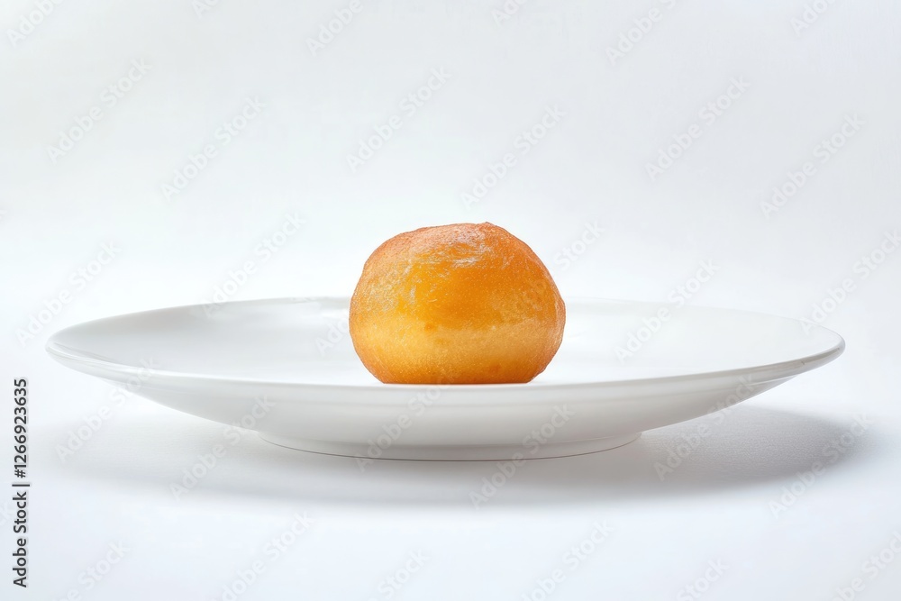 A single, golden-brown fried dough ball rests on a pristine white plate. A single, golden-brown fried dough ball rests on a pristine white plate.