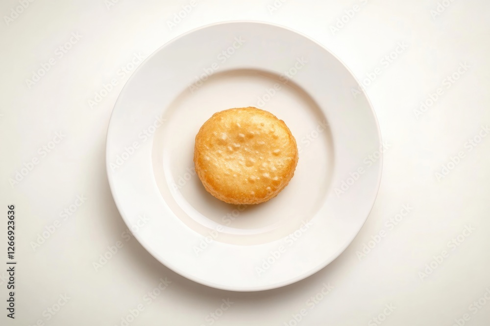 A single, golden-brown, deep-fried bread roll sits on a white plate. A single, golden-brown, deep-fried bread roll sits on a white plate.