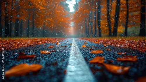 Autumnal Roadside Rain: A Serene Autumn Scene