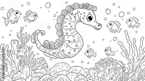 Cute seahorse in coral reef, coloring page, kids illustration, educational resource photo