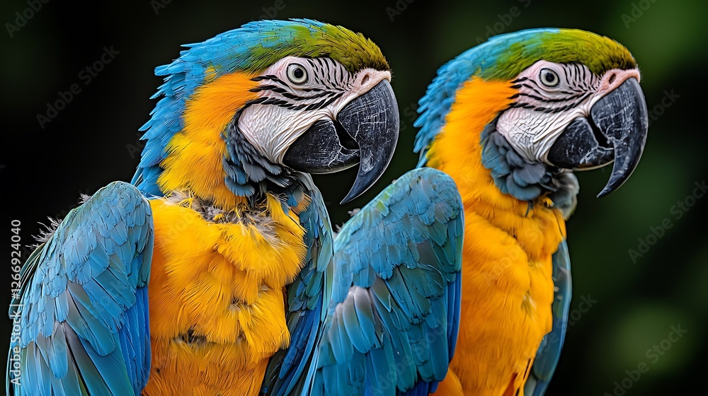 Fototapeta premium Two Blue-and-gold Macaws Perched, Jungle Background, Wildlife Photography