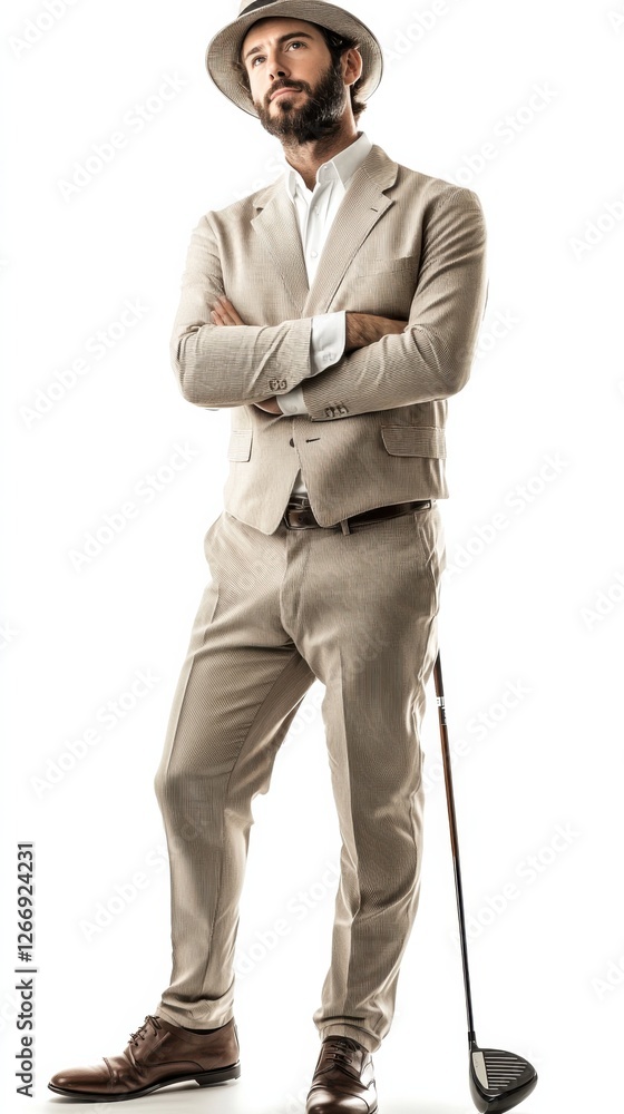 A fashionable man dressed in classic golf attire admires his golf club with elegance and poise on white background A fashionable man dressed in classic golf attire admires his golf club with elegance and poise on white background