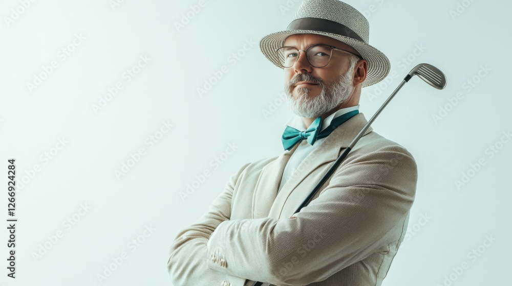 A fashionable man dressed in classic golf attire admires his golf club with elegance and poise on white background A fashionable man dressed in classic golf attire admires his golf club with elegance and poise on white background