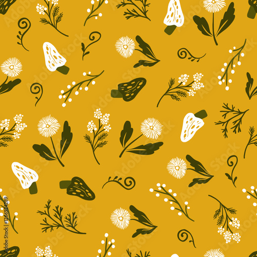 Whimsical Yellow Spring Themed Plant Floral Art. This seamless pattern is ideal for spring-themed projects, wallpapers, fabric designs, packaging, and more