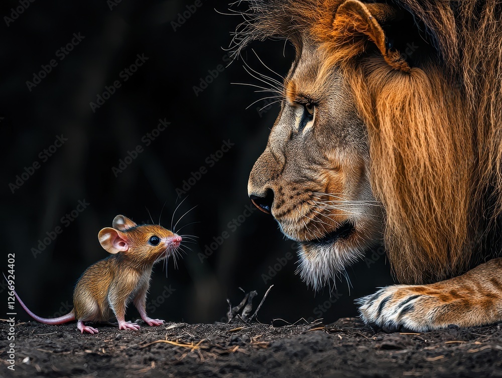 Fototapeta premium Lion and Mouse Encounter in Dramatic Lighting at Wildlife Setting