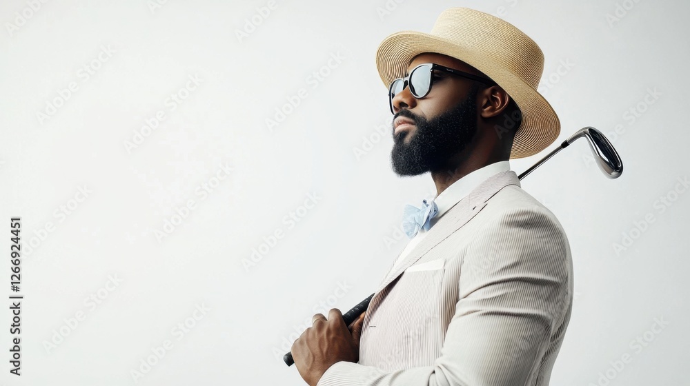 A fashionable man dressed in classic golf attire admires his golf club with elegance and poise on white background A fashionable man dressed in classic golf attire admires his golf club with elegance and poise on white background