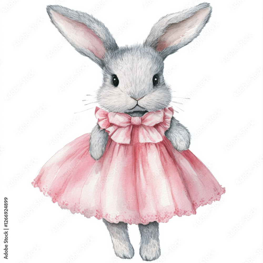 Fototapeta premium watercolor fluffy bunny wearing pink dress, isolated in white background