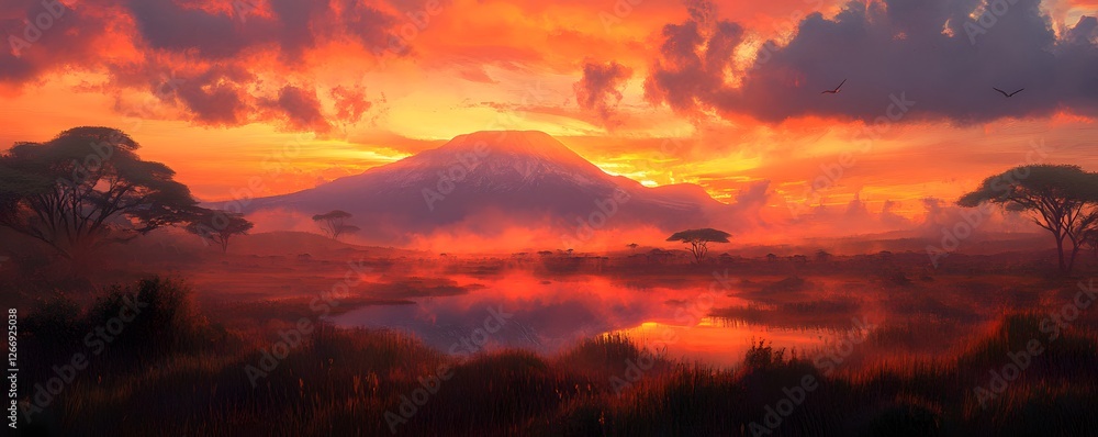 Naklejka premium A vibrant sunrise over Mount Kilimanjaro, with warm orange and red tones reflecting on the peak and soft mist hovering over the savannah