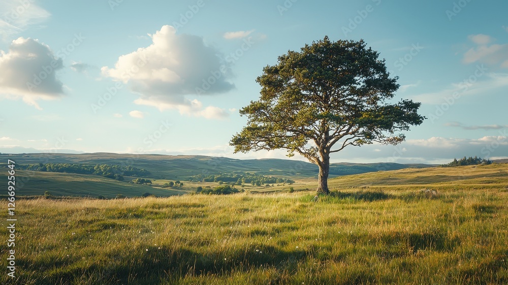 Fototapeta premium Serene Landscape with Lone Tree and Expansive Meadow under Blue Sky