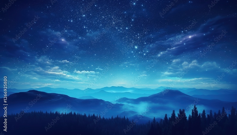 Starry sky over misty mountains landscape with forest foreground; for astronomy or peaceful backgrounds Starry sky over misty mountains landscape with forest foreground; for astronomy or peaceful backgrounds