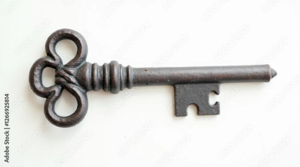 Ornate Rustic Cast Iron Key on White Background Ornate Rustic Cast Iron Key on White Background