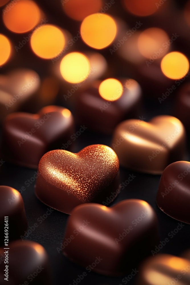 Fototapeta premium Shiny chocolate hearts on a dark background with warm glow. 