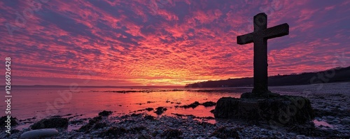 Serene Sunset Over Coastal Cross Silhouette at Low Tide