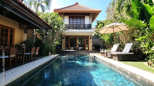 Wallpaper Mural A luxury villa with a private pool and clean outdoor seating, surrounded by lush greenery. digital Torontodigital.ca