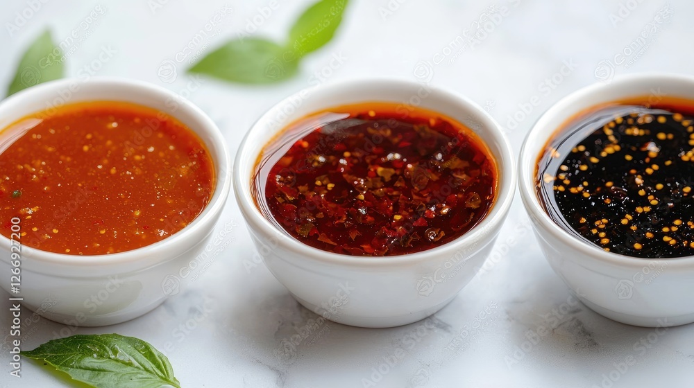 Three Asian dipping sauces, close-up, marble background, food photography Three Asian dipping sauces, close-up, marble background, food photography