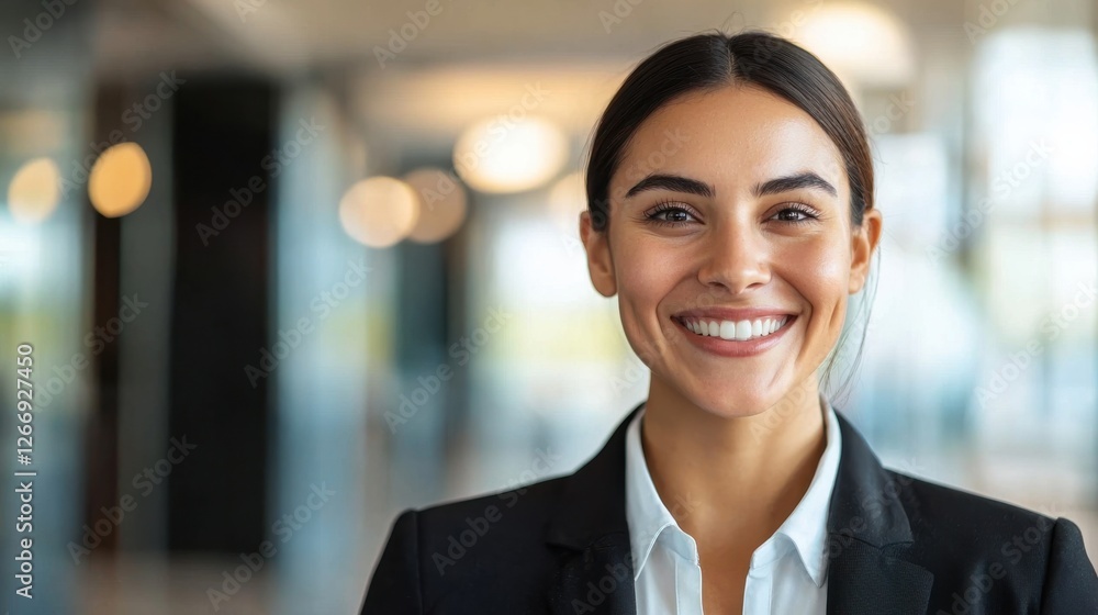 Confident Businesswoman in Professional Suit Smiling Radiantly at Camera Exuding Positivity and Professionalism in Office Setting Confident Businesswoman in Professional Suit Smiling Radiantly at Camera Exuding Positivity and Professionalism in Office Setting
