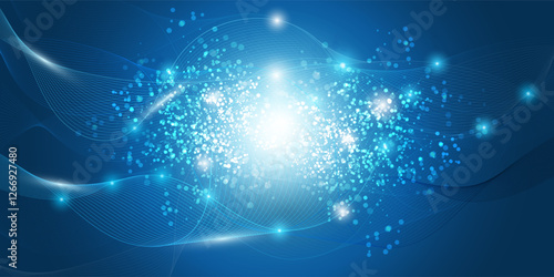 Abstract Blue Minimal Style Futuristic Cloud Computing, Global Network Structure and Telecommunications Concept Design with Bright Glowing Nodes, Transparent Wavy Geometric Mesh - Vector Illustration