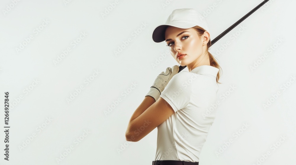 A fashionable female dressed in classic golf attire polo his golf club with elegance and poise on white background A fashionable female dressed in classic golf attire polo his golf club with elegance and poise on white background