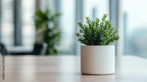Elegant Green Plant in Minimalist White Pot on Wooden Table Creating a Fresh and Inviting Indoor Atmosphere