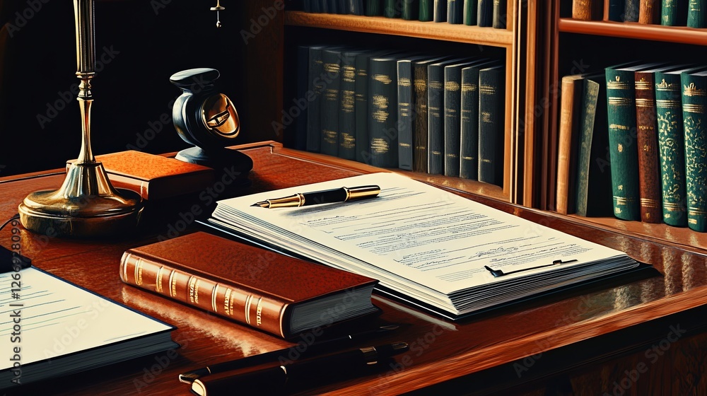 Fototapeta premium A lawyerâ€™s desk with organized contracts, legal books, and a stylish pen. digital