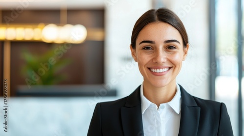 Confident Professional Woman in Elegant Suit Smiling Brightly at Camera in Modern Office Environment Radiating Positivity