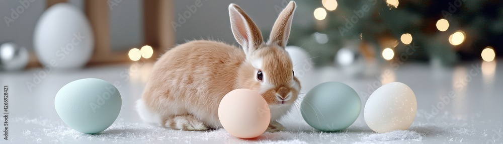 Fototapeta premium Easter Eggs Celebration Concept. A cute bunny surrounded by colorful Easter eggs, set against a softly lit background with decorative elements.