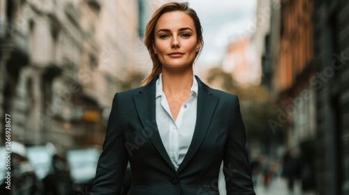 Confident Businesswoman in Professional Suit Walking on Urban Street with Skyscrapers in Background Exuding Modernity and Style