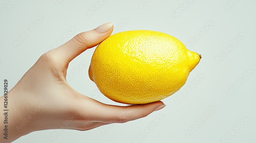 hand holding vibrant yellow lemon against light background, showcasing its fresh and smooth texture hand holding vibrant yellow lemon against light background, showcasing its fresh and smooth texture