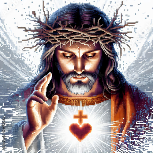 Broken pixels. Mosaic. Christ. Crown of thorns