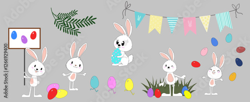Easter bunnies and colorful eggs - cute vector set for decorating cards, children's parties, posters, prints, souvenirs and design spring and Easter projectsPrint