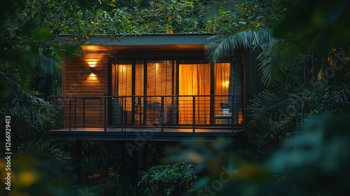 Fototapeta Naklejka Na Ścianę i Meble -  Treehouse lodging exterior view, secluded jungle getaway, cozy vacation home