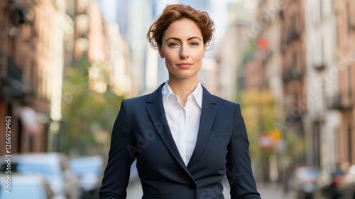 Confident Businesswoman in Professional Suit and Tie Walking on Bustling City Street Exuding Power and Determination