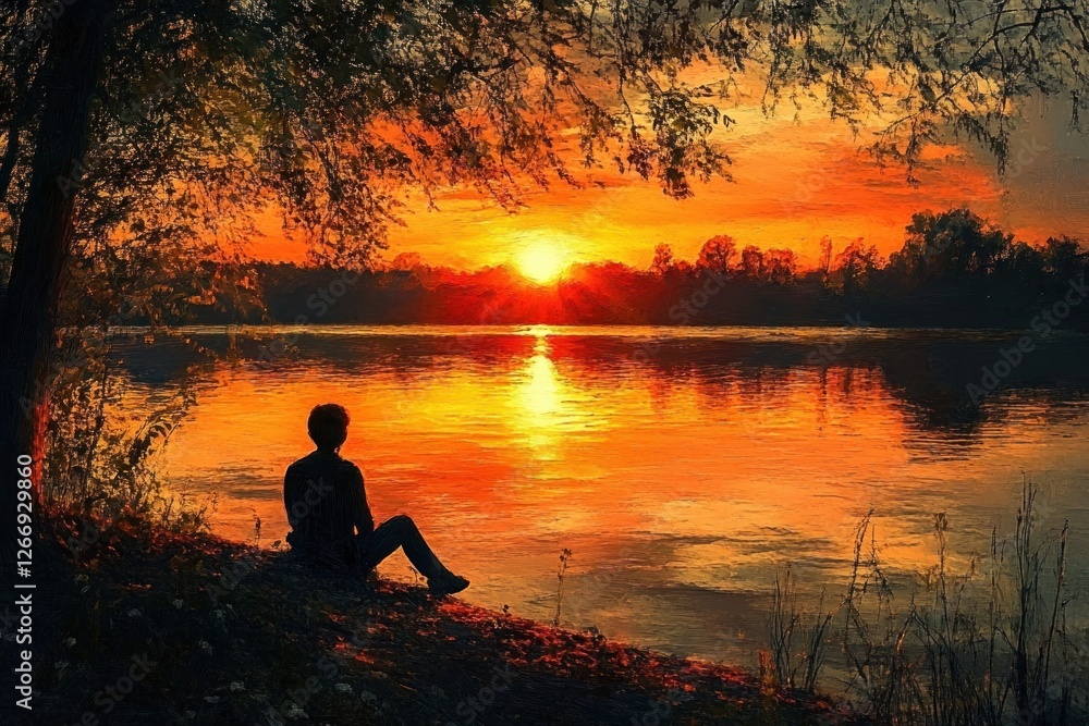 Tranquil Sunset by the Lake with Silhouetted Man Sitting Under a Tree in Warm Glowing Colors Tranquil Sunset by the Lake with Silhouetted Man Sitting Under a Tree in Warm Glowing Colors