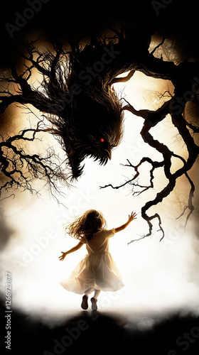 Young girl facing dark monstrous creature in eerie twisted forest with glowing mist