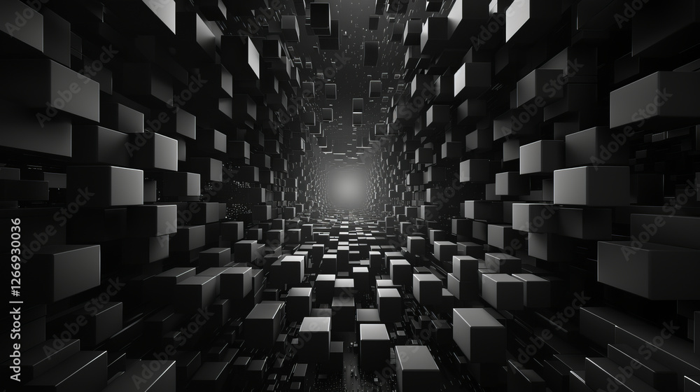 Obraz premium Abstract Cube Tunnel: A mesmerizing abstract tunnel formed by an array of black cubes, illuminated by a distant point of light. The geometric pattern creates a sense of depth and perspective.